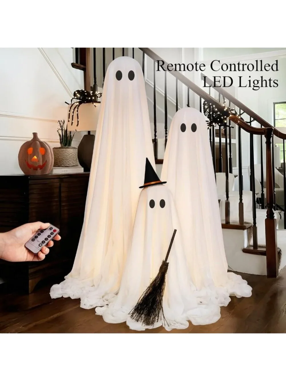 Light Up Ghosts Halloween Decorations - Set of 3 Outdoor Spooky Decor with Timer